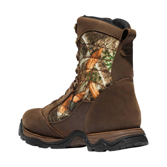 Brown insulated lace-up hunting boot with Realtree camo side panels and black tread sole