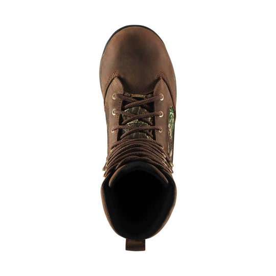 Brown lace-up hiking boot with a camouflage side panel, top-down view