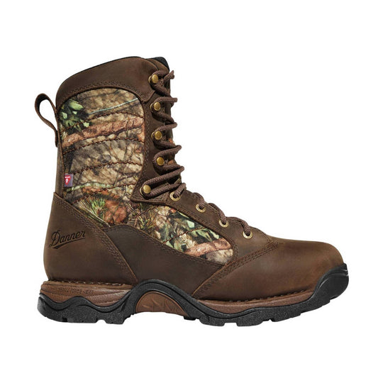 Brown tall lace-up hunting boot with camouflage side panels and black lug sole