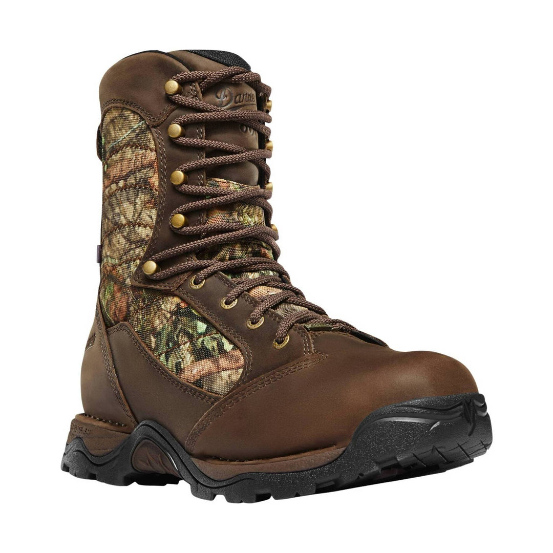 Brown lace-up insulated work boot with camouflage side panels and black rugged sole