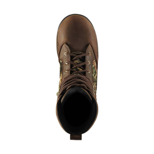 Brown lace-up hunting boot with camouflage side panels and a black padded collar, viewed from above