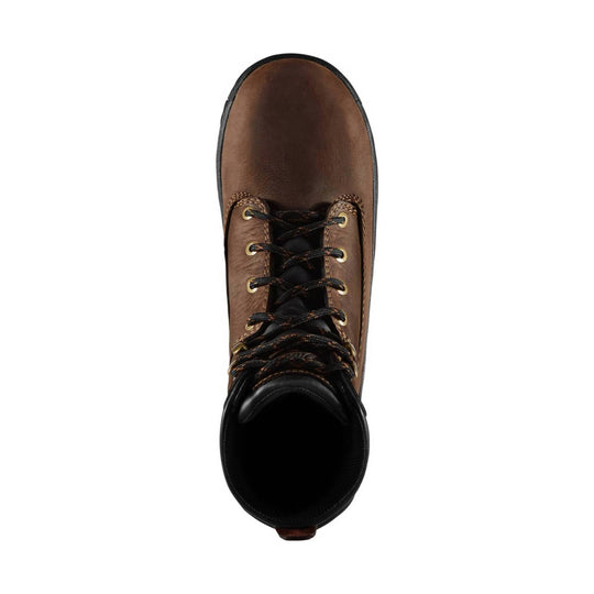 Brown leather work boot with black padded collar, black laces, and brass eyelets, top view