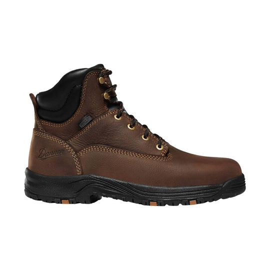 Brown leather lace-up work boot with black padded collar and lug sole