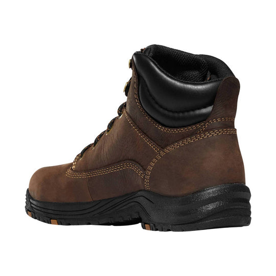 Brown leather lace-up work boot with black padded collar and thick treaded sole