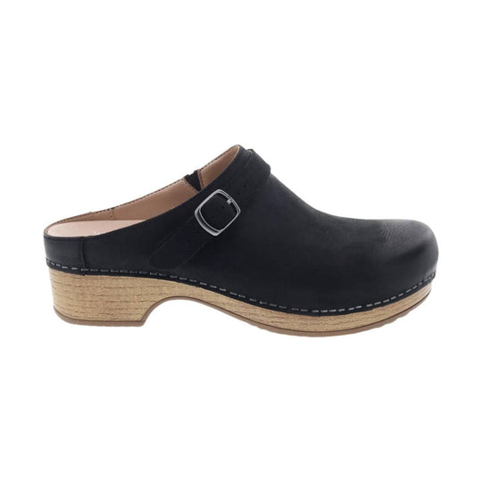 Black leather clog mule with a silver buckle and wood-textured platform sole