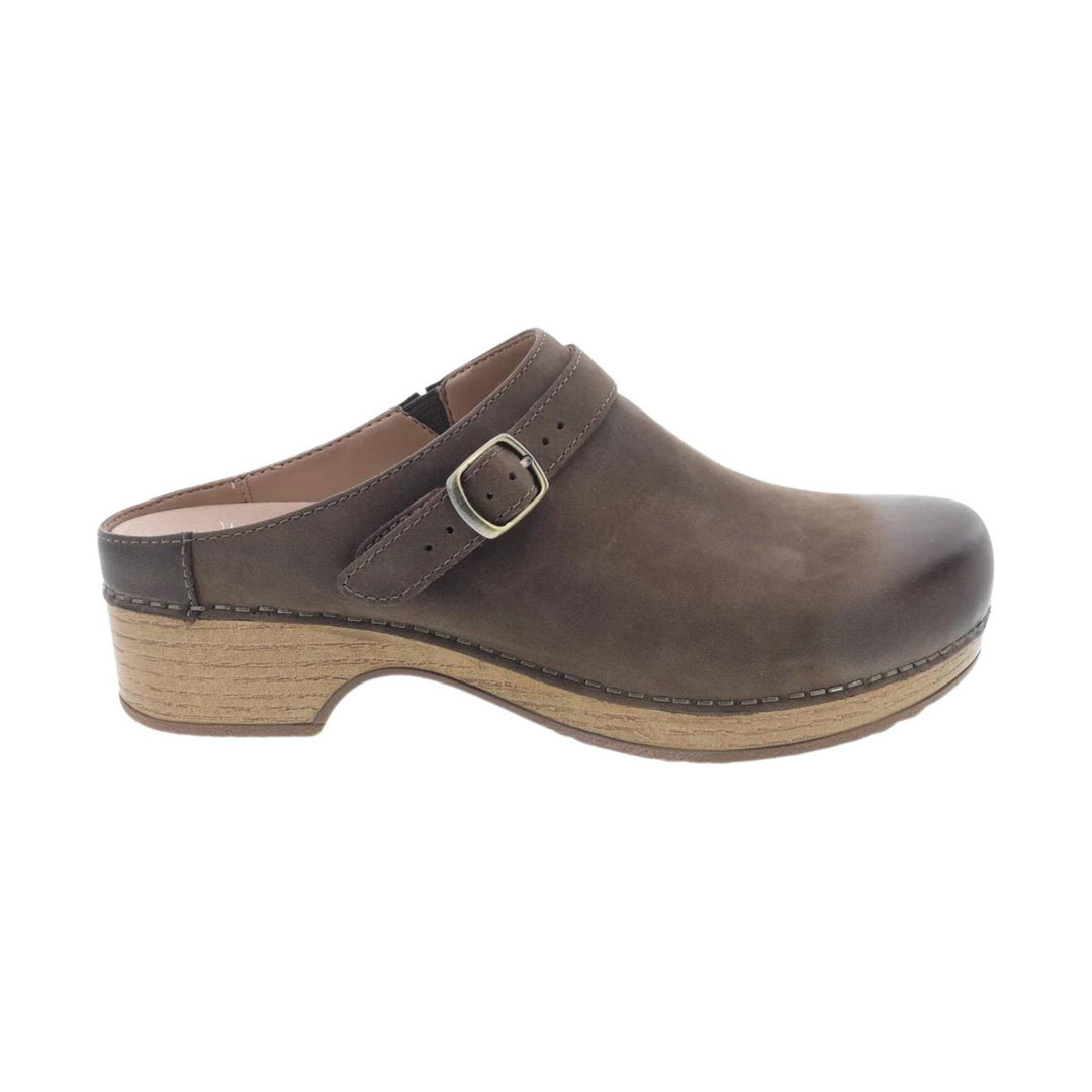 Brown leather clog with a buckle strap and wood-look platform sole