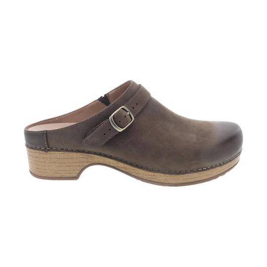 Brown leather clog with a buckle strap and wood-look platform sole