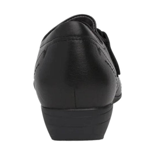 Black leather wedge shoe shown from the back