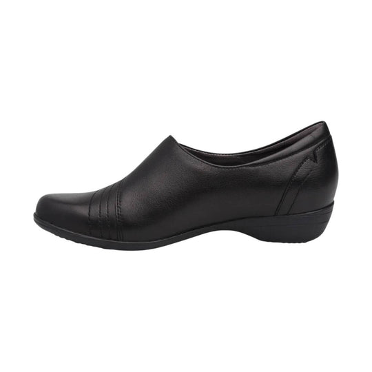 Black leather closed-toe slip-on shoe with low wedge heel