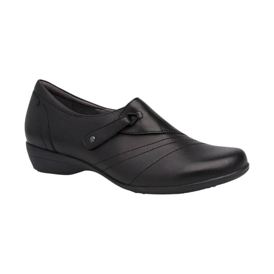 Black slip-on shoe with low wedge heel and side strap detail