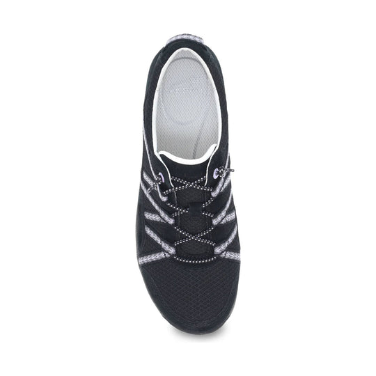 Black mesh lace-up walking shoe viewed from above