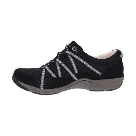 Black lace-up walking shoe with gray sole and white speckled bungee laces, side view