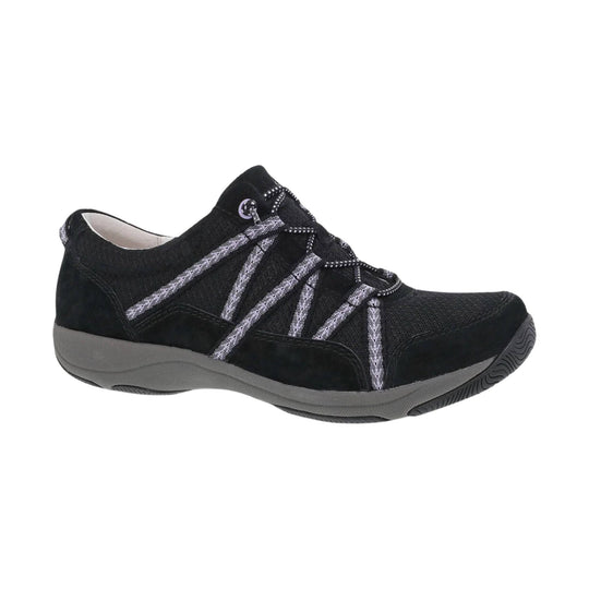 Black athletic shoe with gray sole and patterned bungee laces, side view