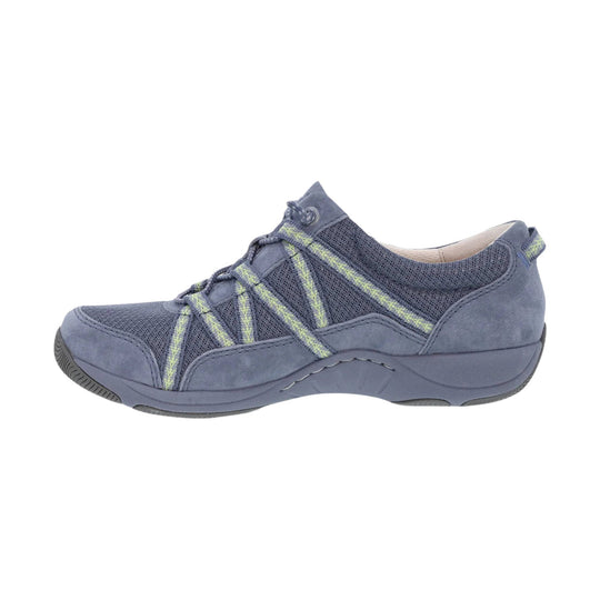 Blue low-top walking shoe with mesh panels, suede overlays, and lime-green striped laces