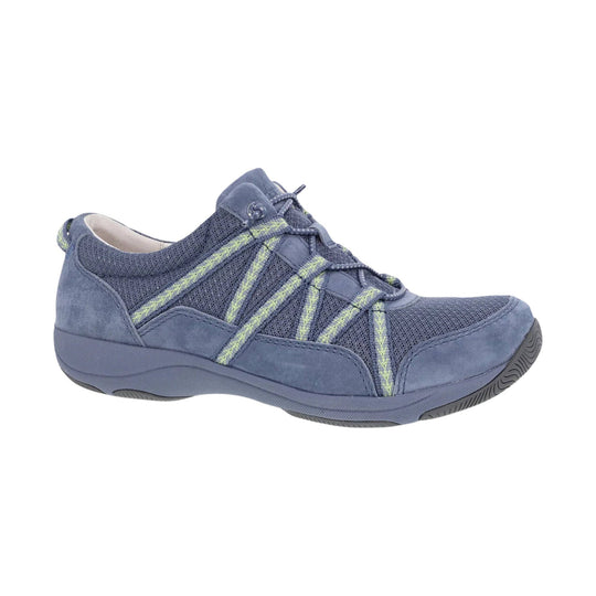 Blue low-profile athletic walking shoe with mesh panels, suede overlays, and lime-striped laces