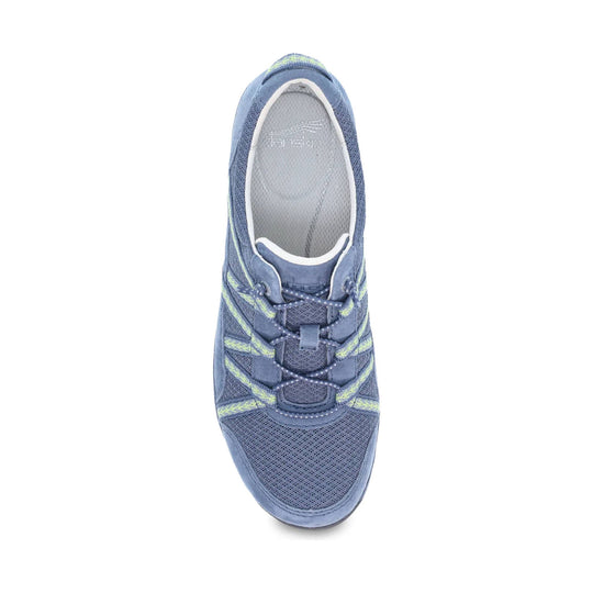 Blue mesh-and-suede athletic shoe shown from above with bungee laces and lime accents