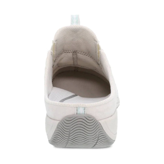 White slip-on sneaker mule with a mesh upper, pull tab, and gray wavy tread outsole, rear view