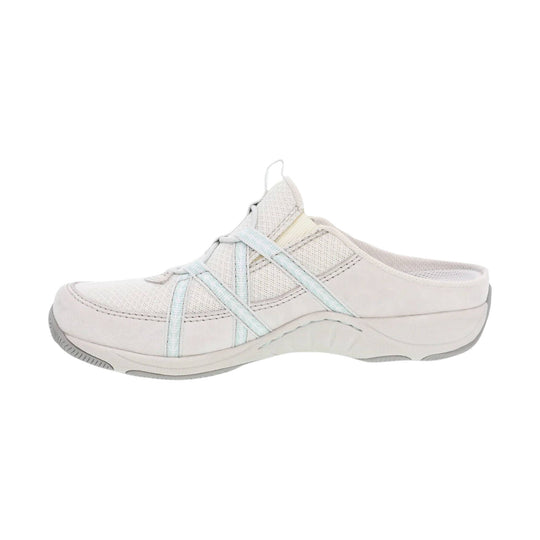 White slip-on sneaker with pale blue elastic straps and a thick gray outsole, side view