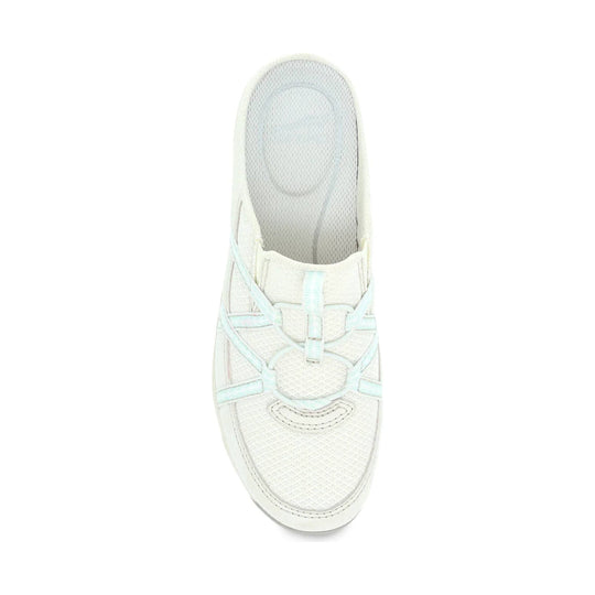 White slip-on sneaker with pale blue laces and a mesh upper, shown from above.