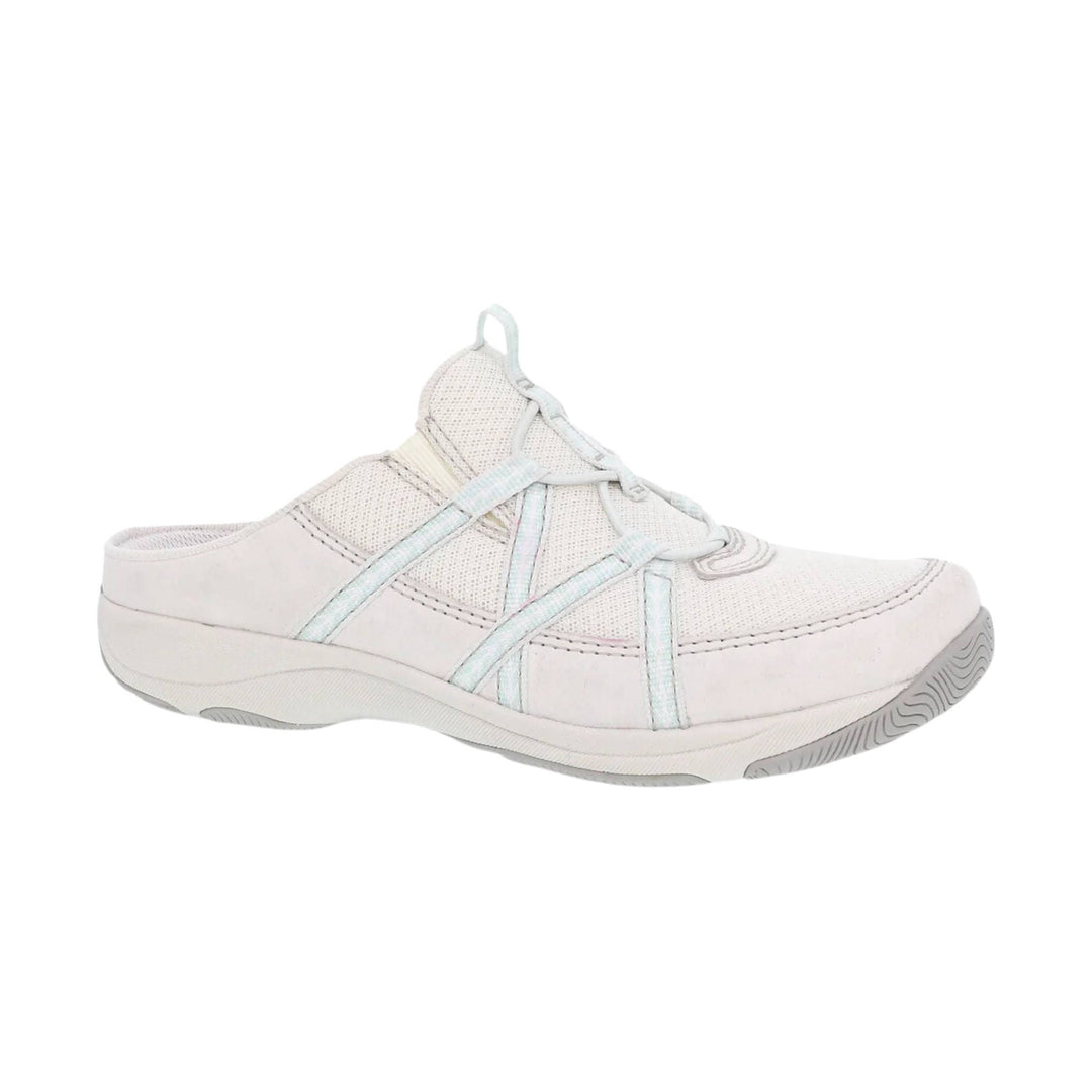 White slip-on athletic mule sneaker with mesh panels, elastic straps, and a gray treaded sole