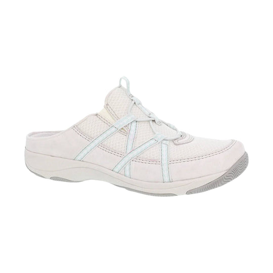 White slip-on athletic mule sneaker with mesh panels, elastic straps, and a gray treaded sole