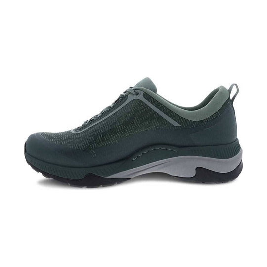 Dark gray athletic shoe with mesh upper, thick cushioned sole, and lace-up front