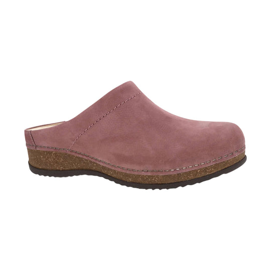 Pink suede slip-on clog with a cork platform sole