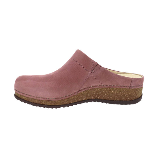 Pink suede clog with a cork platform sole and closed toe, shown in side view