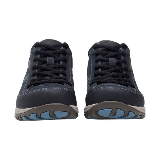 Pair of dark navy low-top sneakers with black laces and blue rubber toe soles, front view