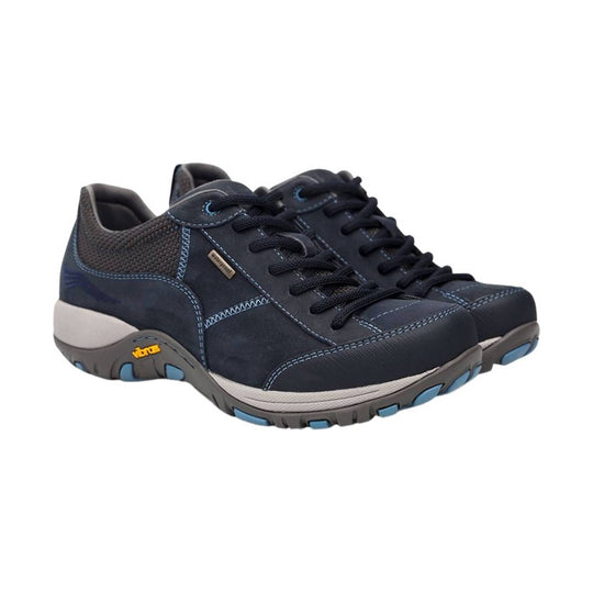 Navy lace-up walking shoe with stitched panels and blue accents on a gray outsole
