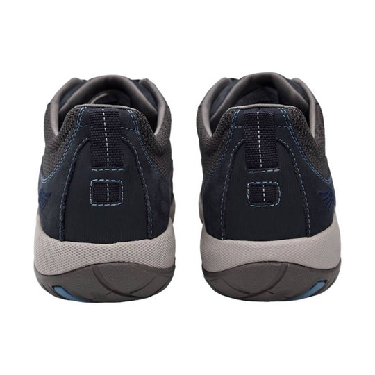 Rear view of navy and gray athletic sneakers with blue stitching and white midsoles
