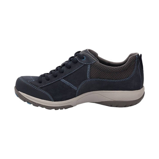 Navy lace-up sneaker with stitched detailing and a light gray cushioned sole