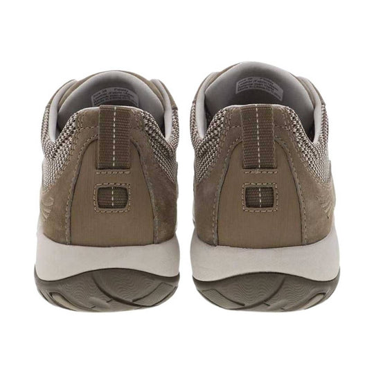 Pair of taupe and gray sneakers shown from the back