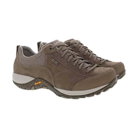 Brown waterproof walking shoes with rugged soles, bungee laces, and mesh collar detail
