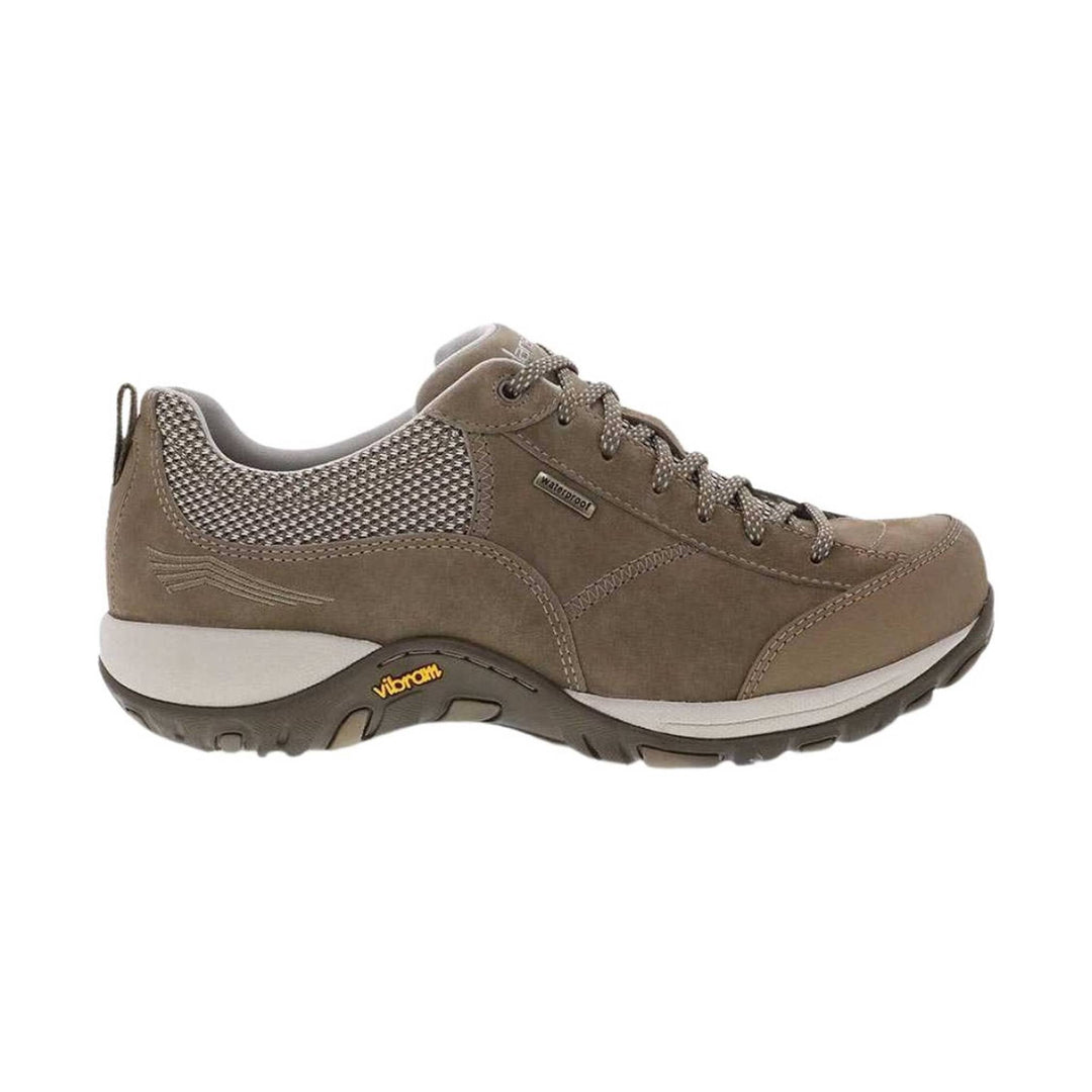 Brown low-top hiking shoe with mesh panels, hiking laces, and rugged tread outsole