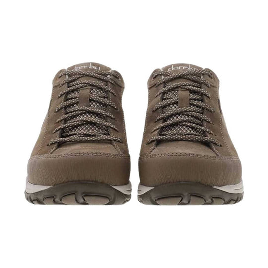 Brown lace-up sneaker with a thick rubber sole, shown from the front