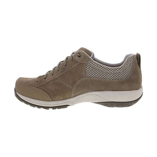Taupe suede walking shoe with lace-up front, mesh side panels, and a white midsole