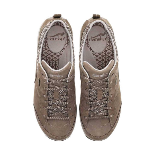 Pair of taupe suede sneakers with bungee laces and white trim, shown from above
