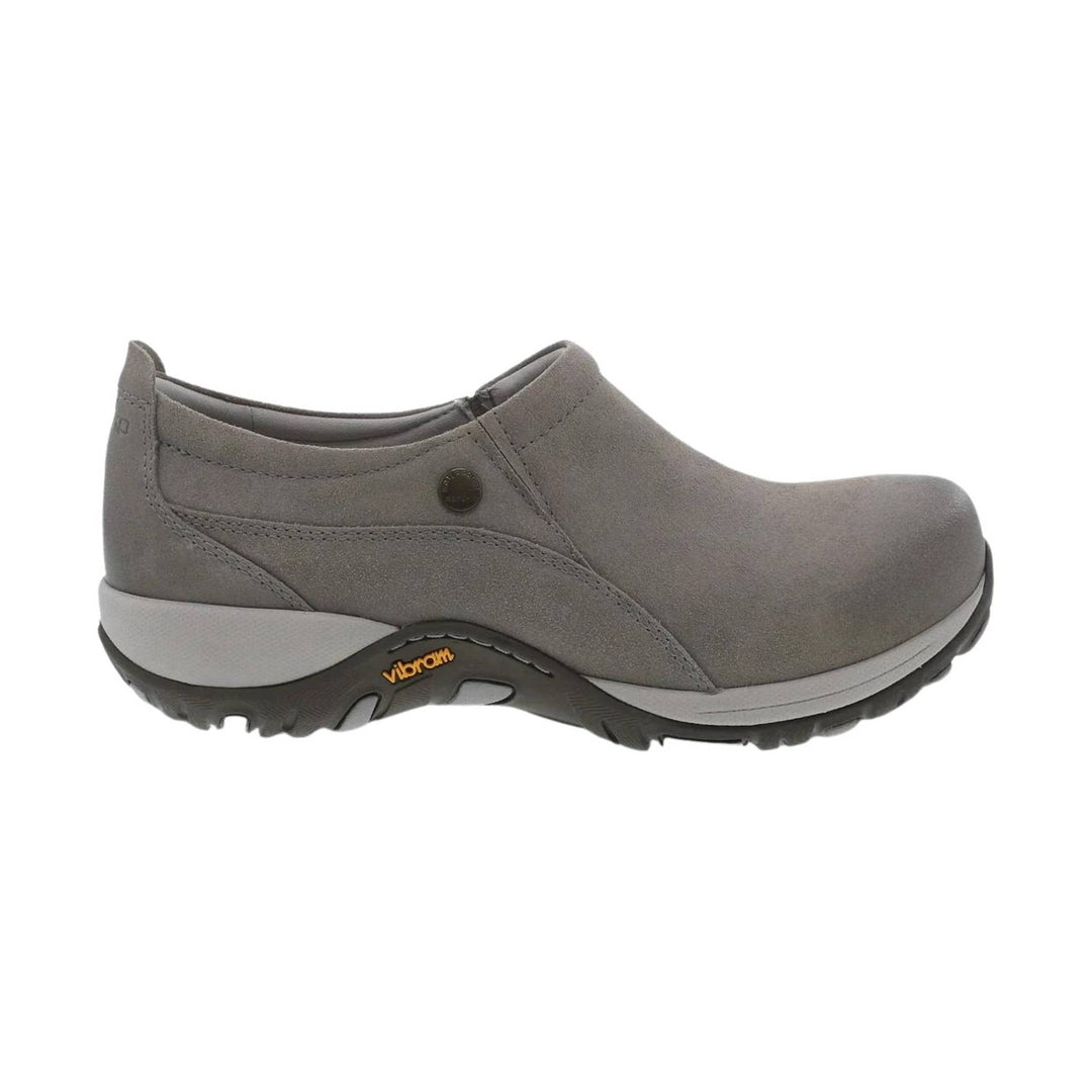 Gray suede slip-on clog with a black lug sole and visible Vibram branding on the outsole