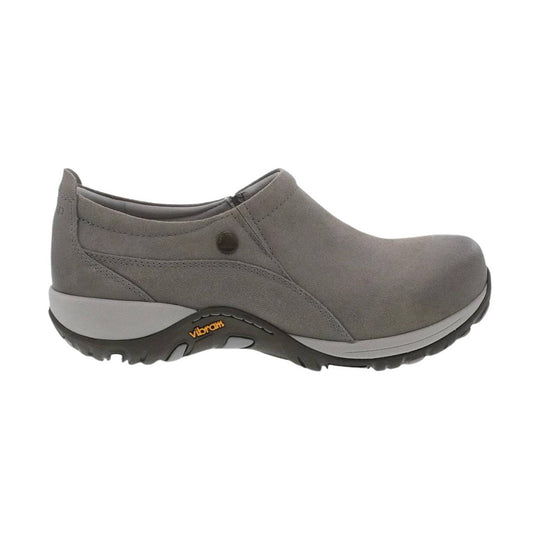 Gray suede slip-on clog with a black lug sole and visible Vibram branding on the outsole