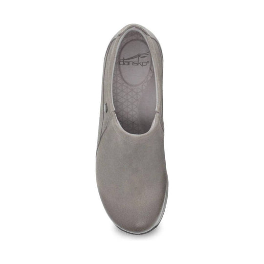 Taupe slip-on flat with a suede-like upper and rounded toe, shown from above