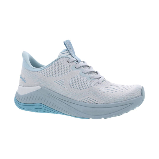 Light gray knit sneaker with pale blue accents, thick cushioned sole, and a pull tab