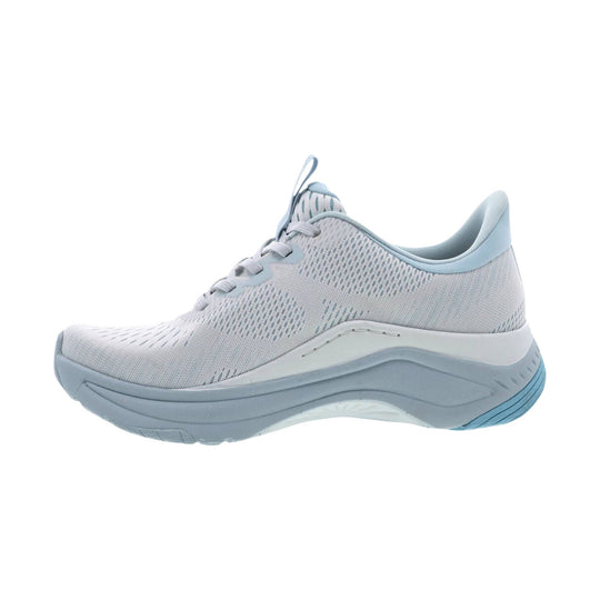 Light gray athletic sneaker with mesh upper, pale blue trim, and thick cushioned sole