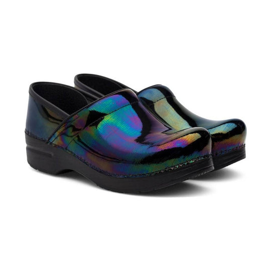 Shiny iridescent black clogs with thick black wedge soles