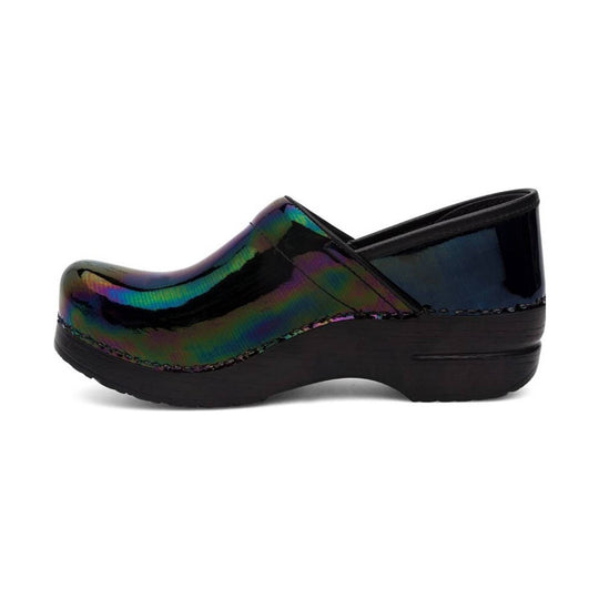 Black patent leather clog with an iridescent rainbow finish and thick black sole, side view