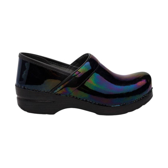 Black patent leather clog with a thick wedge heel and iridescent sheen