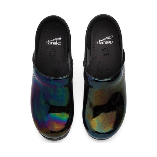 Pair of black patent clogs with iridescent sheen and open-back slip-on design