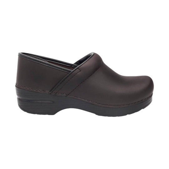 Dark brown slip-on clog with a closed toe, low heel, and black platform sole