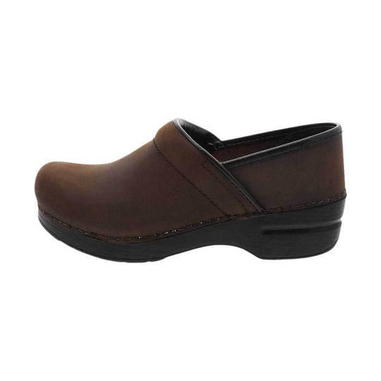 Brown leather clogs with a black platform sole