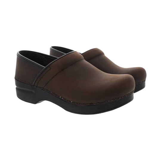 Brown slip-on clogs with black wedge soles